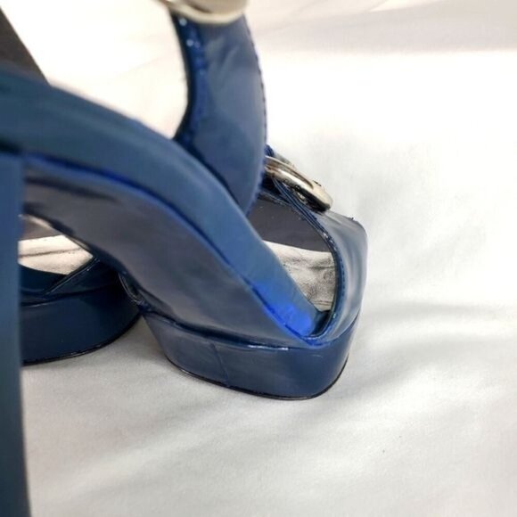 Stuart Weitzman blue patent leather buckle slingback platform shoes heel 7.5 - Picture 10 of 14